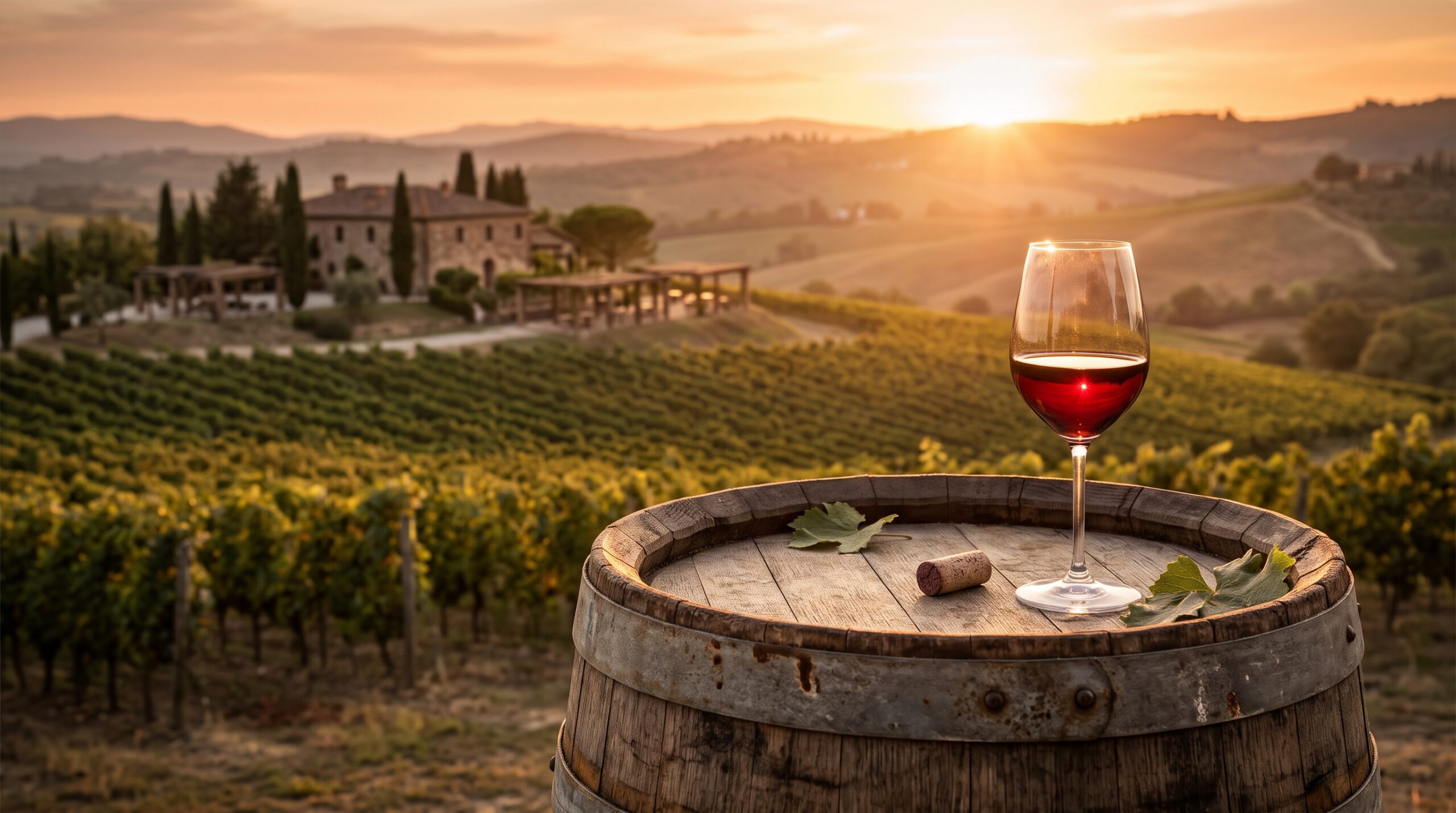 O podgorie pitorească la apus, cu un pahar de vin roșu pe un butoi de lemn, reprezentând enoturismul