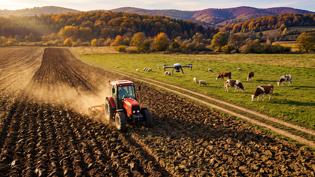 Tractor la arat pe teren agricol toamna și vaci la păscut